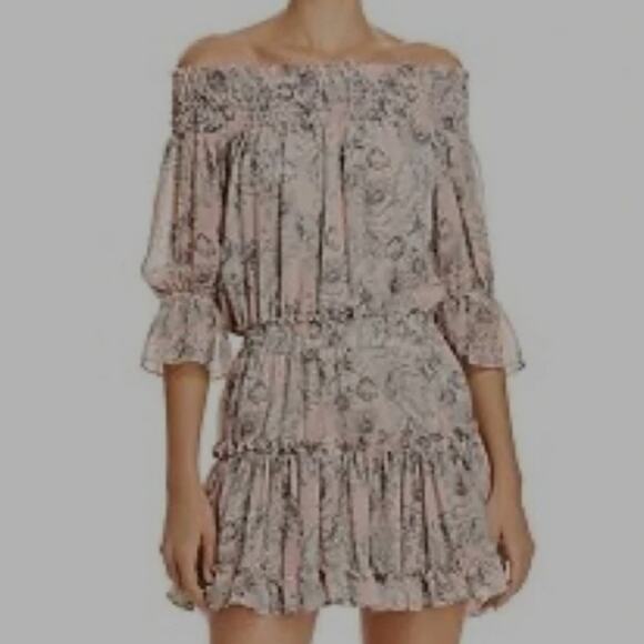 NWT MISA Los Angeles "Giroux" Baby Pink Off Shoulder Floral Mini Dress Size S - Picture 2 of 6